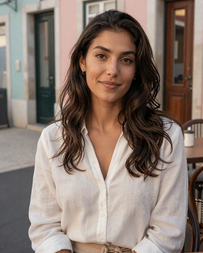 Mariana, 29, Portuguese woman at a Lisbon sidewalk cafe wearing a white linen blouse