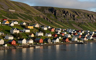 Charming Akureyri town beside a deep Icelandic fjord with colorful hillside houses
