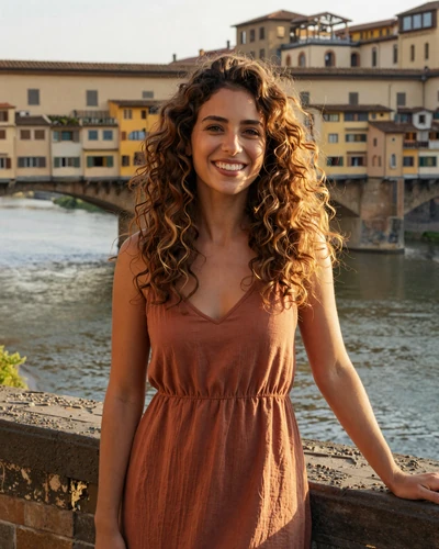 Giulia, 27, Italian woman from Florence with curly chestnut hair on a Florentine bridge at golden hour