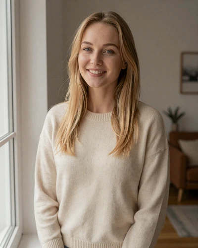 Elina, 29, a blonde Latvian woman from Riga smiling in natural daylight wearing a cream sweater