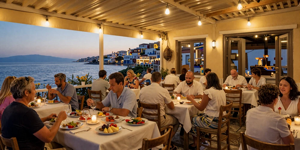 Warm evening scene at a Greek taverna with string lights and traditional meze dishes on a seaside table