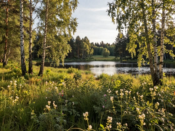 Serene Latvian countryside with a lake surrounded by birch trees and wildflowers at golden hour