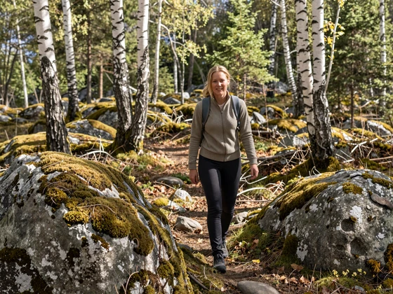 Young Swedish woman hiking through a birch forest in Sweden during summer, enjoying the outdoor Nordic lifestyle
