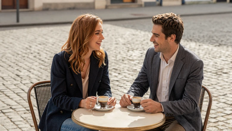 American man and European woman enjoying coffee together at a charming outdoor cafe in Europe