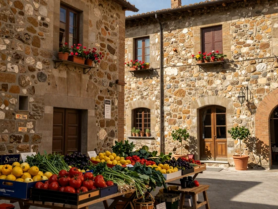 Charming Italian outdoor market in a Tuscan village with colorful produce stands and rustic stone buildings