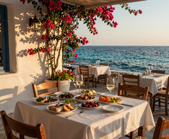 Romantic seaside taverna in Cyprus with meze dishes and Mediterranean sea view