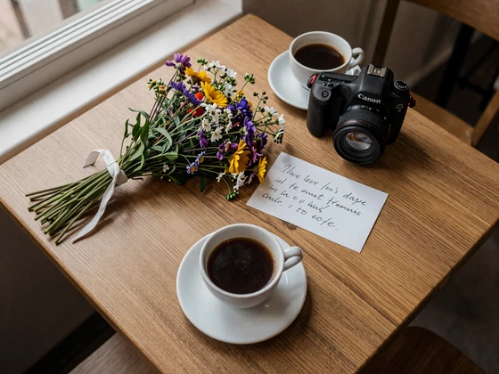 Cozy cafe table in Riga Latvia with two coffees and wildflowers creating a romantic atmosphere