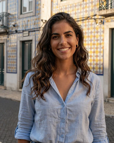Elena, a 29-year-old verified Portuguese woman from Lisbon smiling on a sunny street