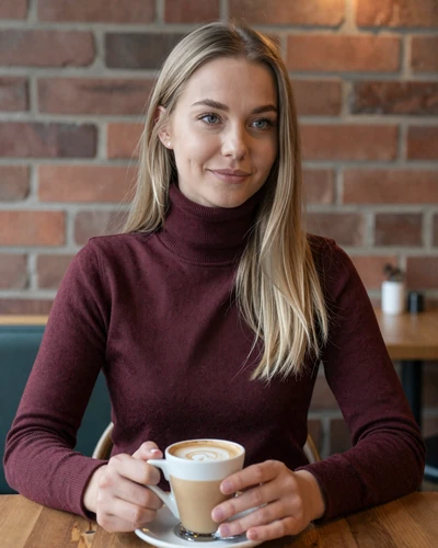 Lauma, 32, an ash blonde Latvian woman from Liepaja at a cozy cafe wearing a burgundy turtleneck