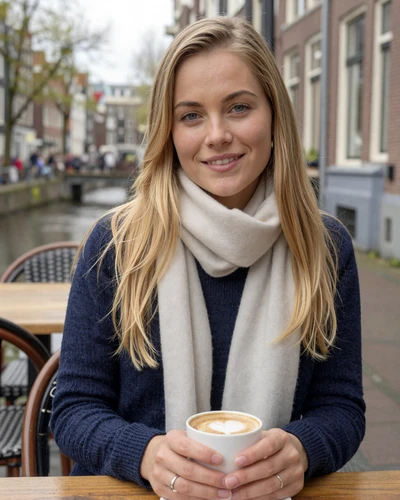Lotte, 29-year-old Dutch woman with blonde hair at an Amsterdam canal café