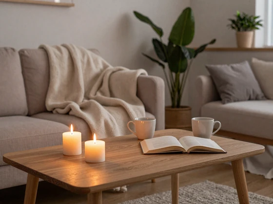 Cozy Danish living room with candles warm blankets and hygge atmosphere representing Danish romantic culture