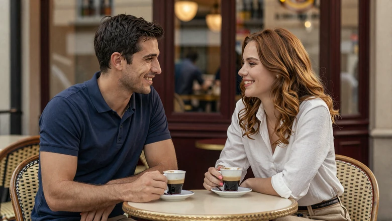 American man and European woman enjoying a romantic coffee date at a charming Parisian sidewalk cafe