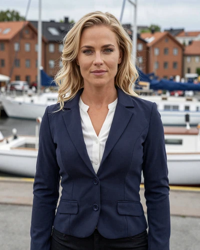 Linnea, 31, a honey blonde Swedish woman standing at Gothenburg harbor wearing a navy jacket