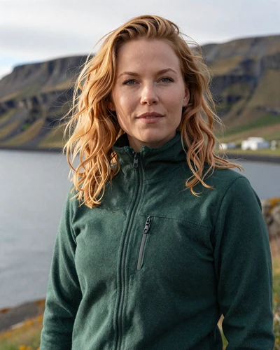 Katrin, 32, Icelandic woman with strawberry blonde hair outdoors near an Icelandic fjord