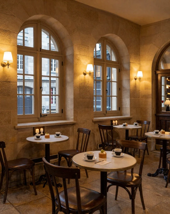 Cozy cafe interior in Luxembourg old town with warm lighting and espresso