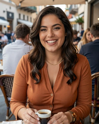 Valentina, a 31-year-old Italian woman with dark wavy hair enjoying espresso at a Milan terrace cafe