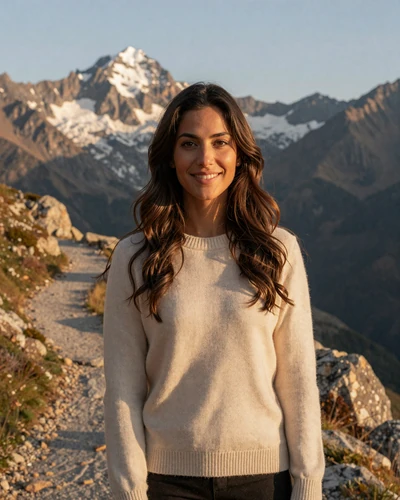Marta, 29, from Andorra la Vella smiling on a Pyrenees mountain trail at golden hour