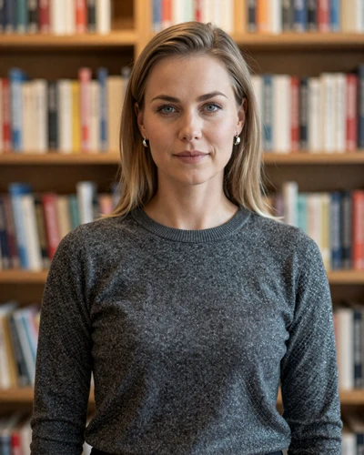 Katariina 34 from Oulu Finland with dark blonde hair in charcoal pullover in cozy library setting