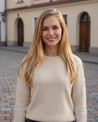 Austeja, 29, Lithuanian woman with honey blonde hair smiling in Vilnius Old Town