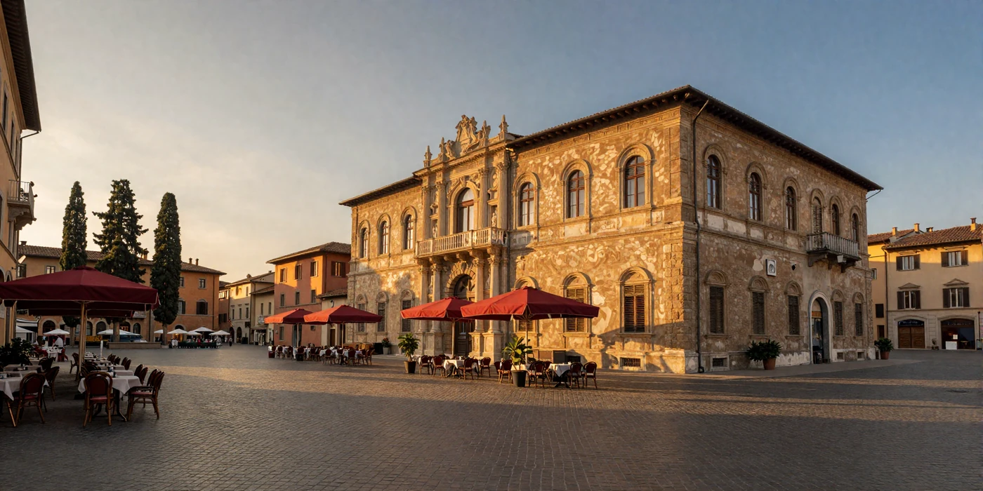 Romantic Italian piazza at golden hour with Renaissance architecture and outdoor cafes