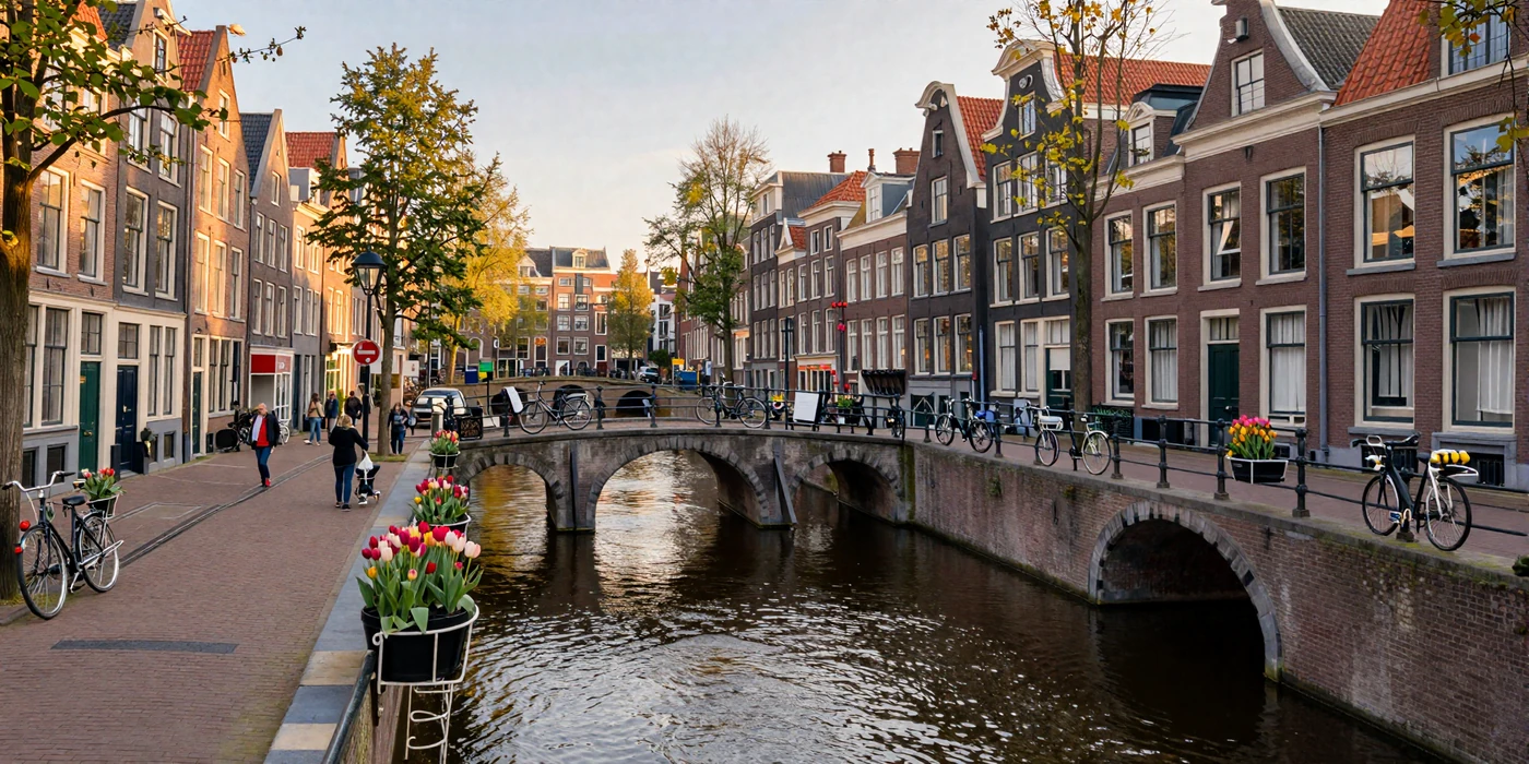 Amsterdam canal with traditional Dutch houses and bicycles at golden hour