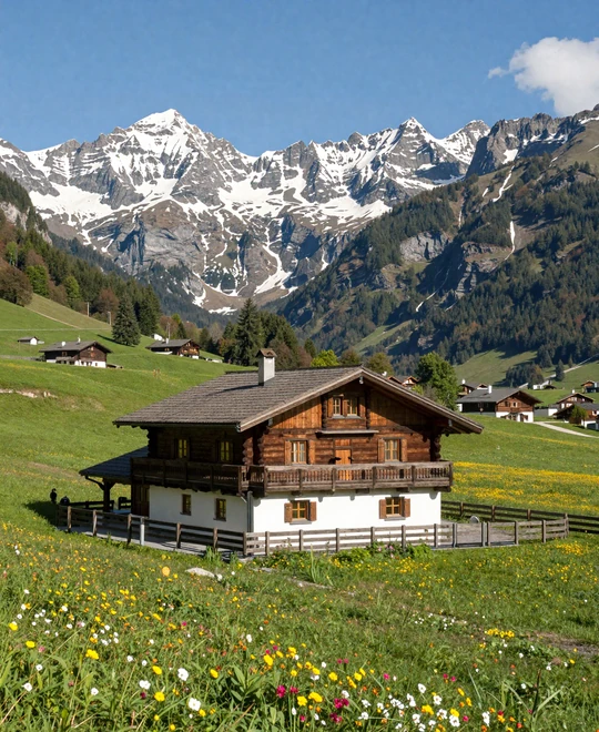 Idyllic Austrian Alps countryside with traditional chalet surrounded by wildflower meadows