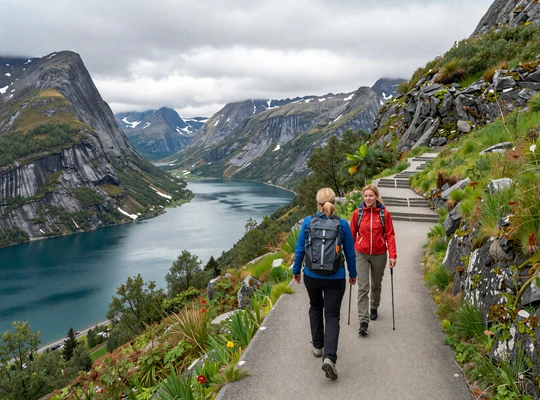 Couple hiking on Norwegian mountain trail with fjord and green valleys visible below