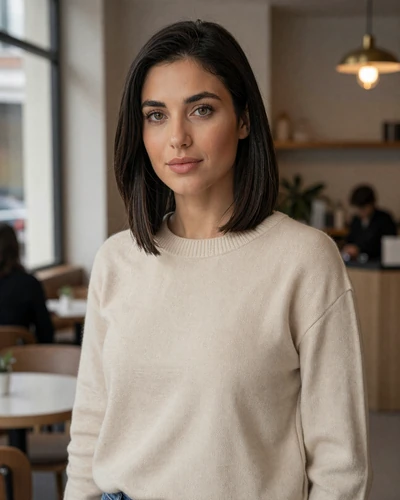 Francesca, 31, Italian woman from Milan in a cream cashmere sweater at a modern cafe
