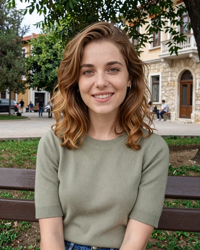 Sofia, 27, Greek woman from Patras sitting in a park with European architecture behind her