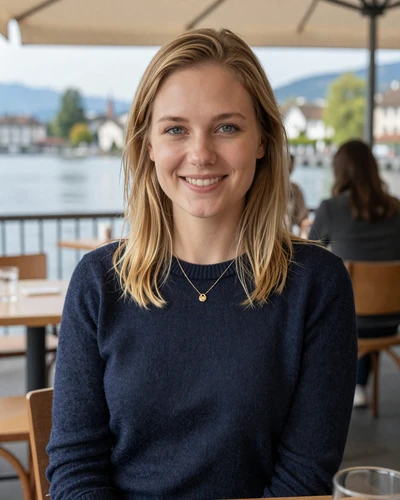 Lena, 29, Swiss woman from Zurich smiling at lakeside cafe in casual sweater