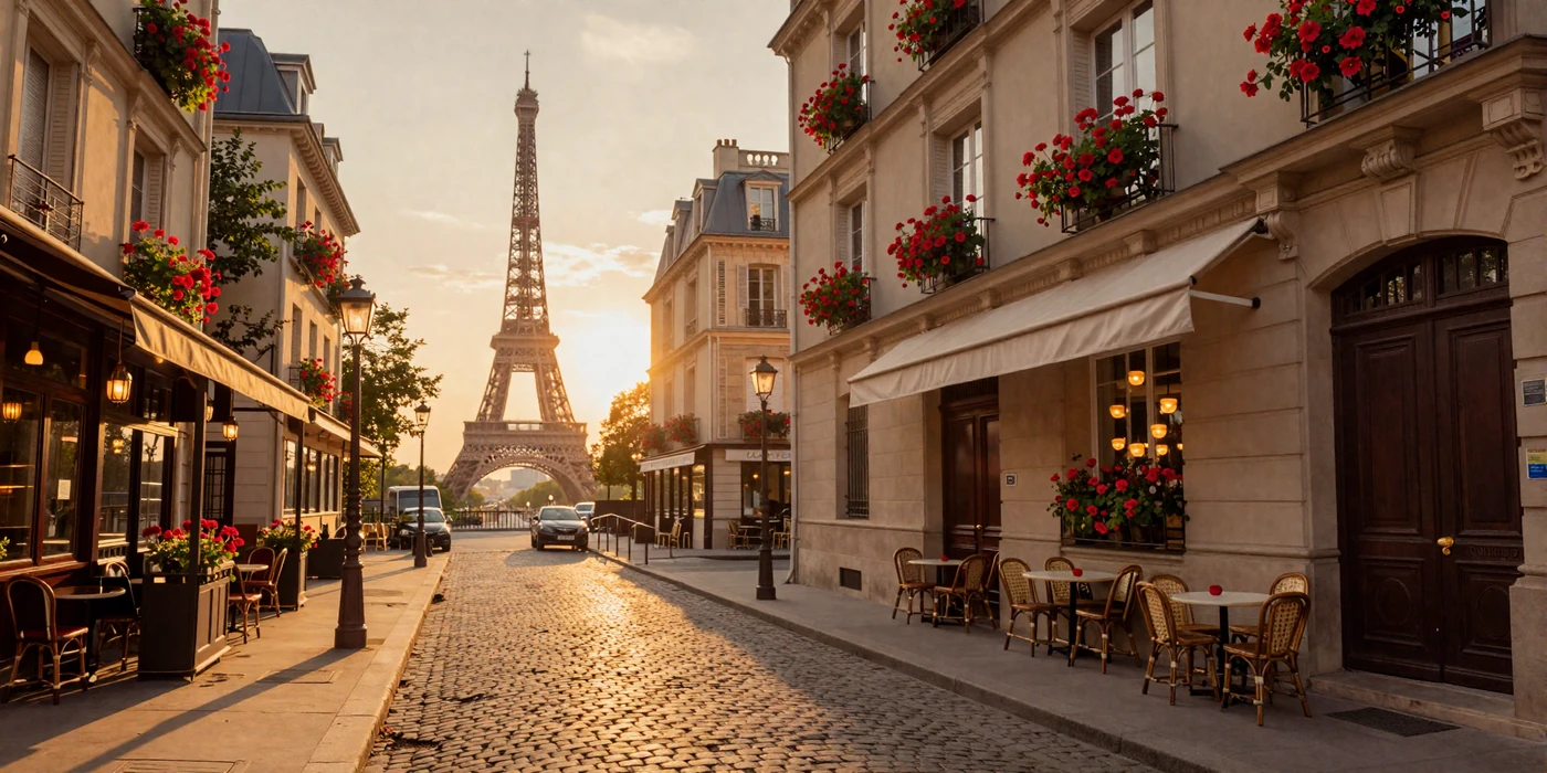 Romantic Parisian street with charming cafés and Eiffel Tower at sunset for French women dating