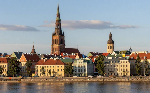 Riga Latvia skyline with Dome Cathedral and Art Nouveau architecture along the Daugava river