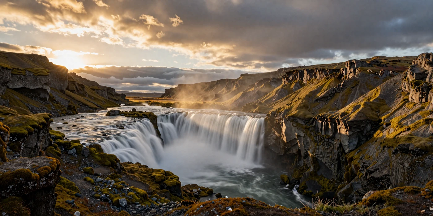 Dramatic Icelandic waterfall landscape with mossy cliffs and golden evening light