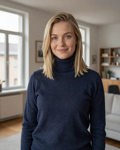 Katarina, 29, German woman from Munich with blonde hair smiling warmly in her modern apartment
