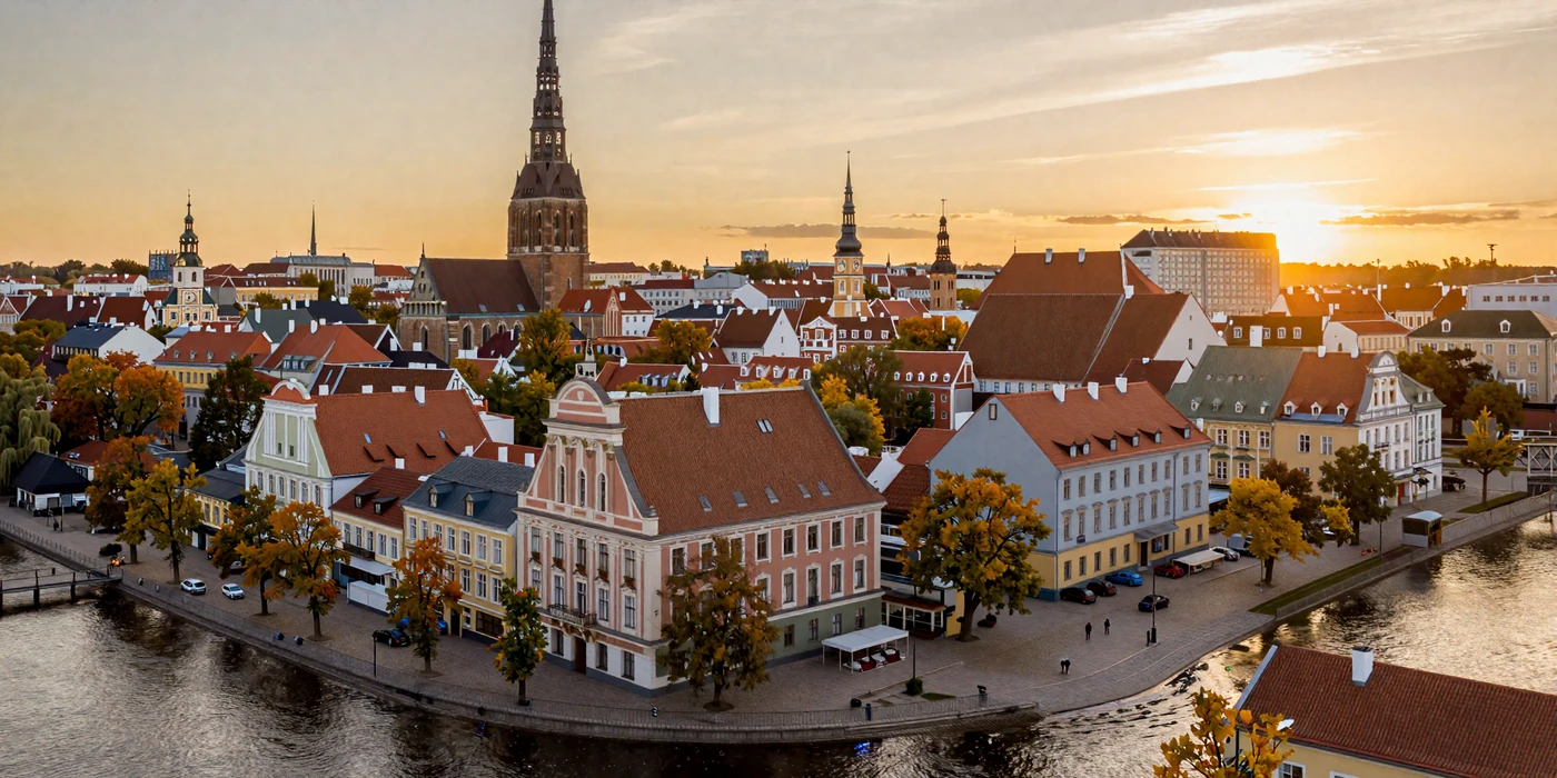 Riga Old Town at sunset with Art Nouveau architecture and cobblestone streets along the Daugava river in Latvia