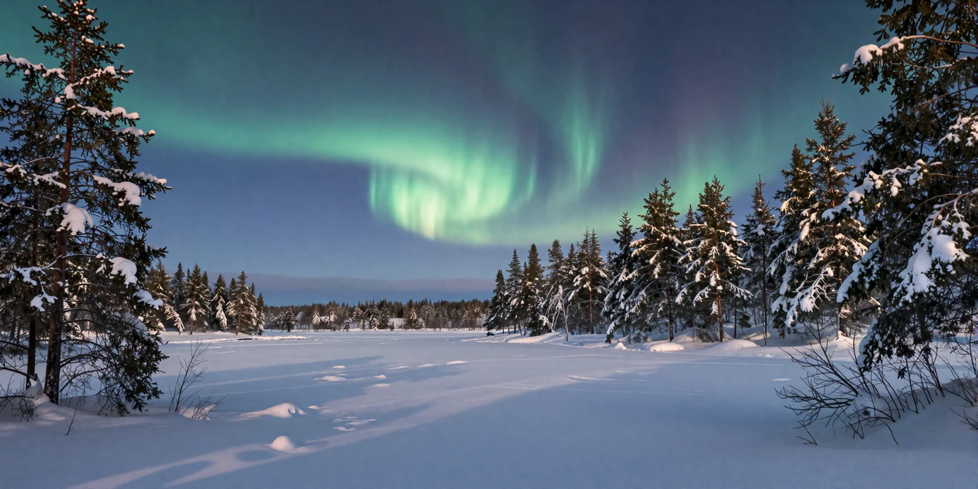 Stunning Finnish Lapland winter landscape with Northern Lights over frozen lake and pine forests