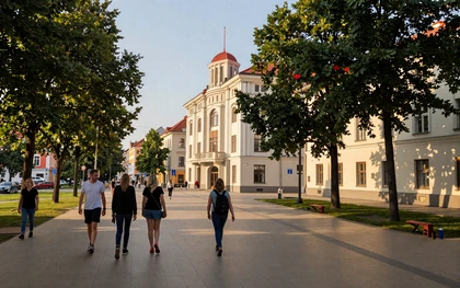 Kaunas city center with Art Deco buildings along the pedestrian boulevard