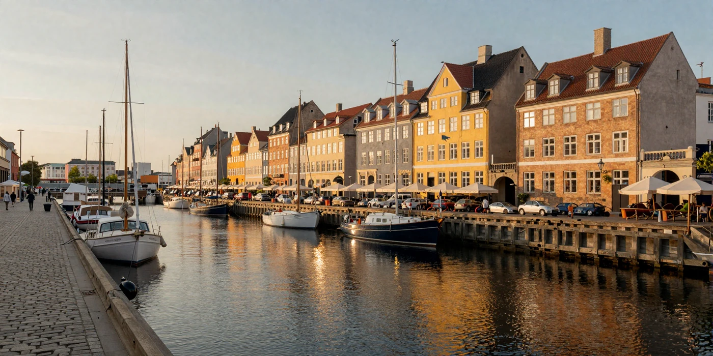 Colorful Nyhavn harbor in Copenhagen Denmark at golden hour with sailboats and charming townhouses