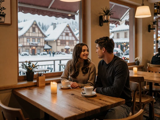 Cozy German cafe scene in winter with coffee cups and candles - typical German dating setting