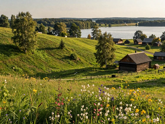 Lithuanian countryside with rolling green hills, wildflower meadow, and a serene lake