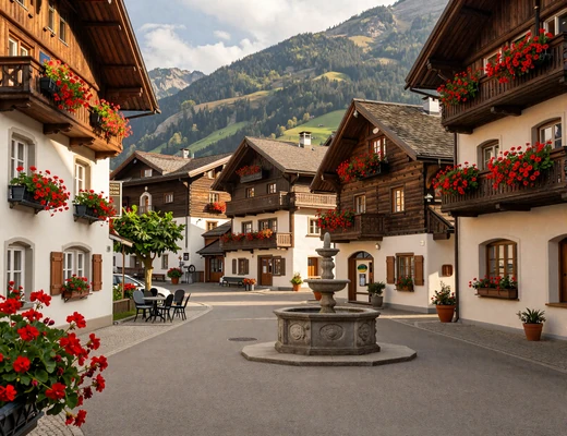 Traditional Alpine village in Liechtenstein with flower boxes, stone fountain, and mountain views