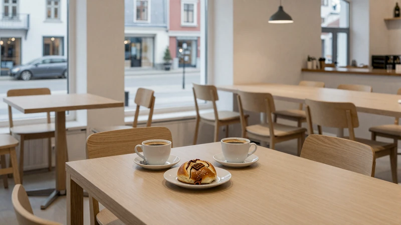 Cozy Swedish fika setting with coffee and cinnamon buns in a minimalist Scandinavian café with warm lighting