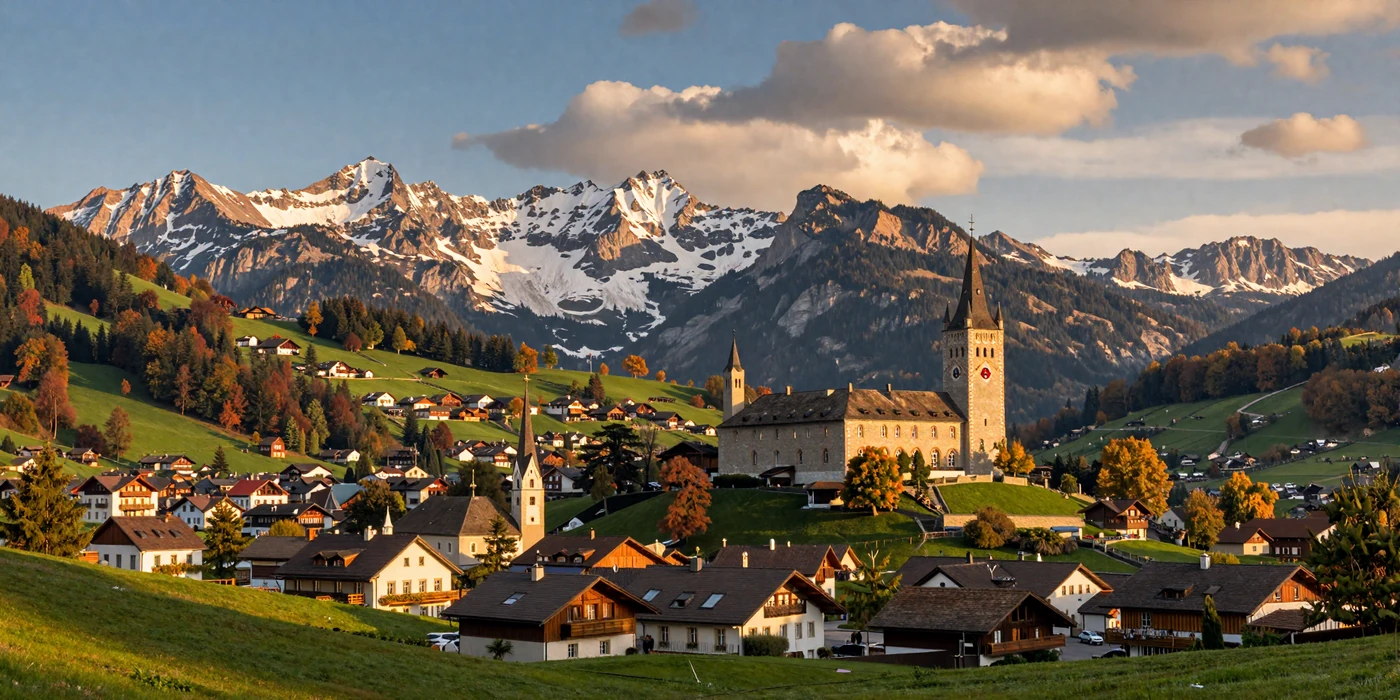 Vaduz Castle and Rhine Valley in Liechtenstein at golden hour - romantic Alpine landscape