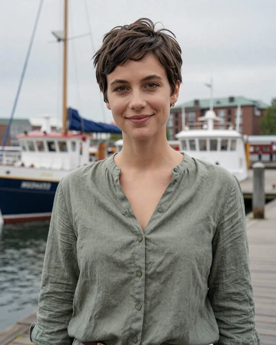 Sophie, 27, a dark-haired German woman with a pixie cut by Hamburg harbor in a sage blouse