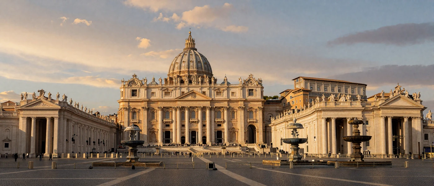 Vatican City panorama with St. Peter's Basilica at golden hour
