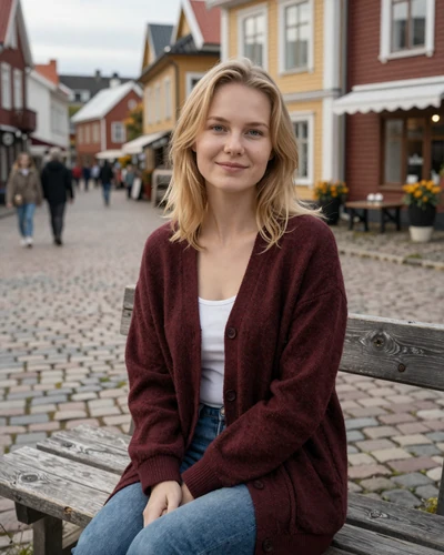 Noora 27 from Turku Finland with strawberry blonde hair in burgundy cardigan sitting in old town square