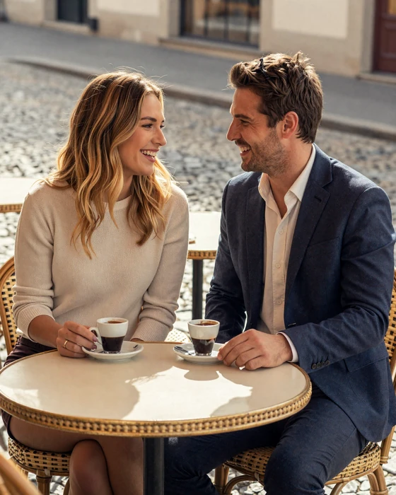 An American man and European woman enjoying conversation at a charming outdoor European cafe