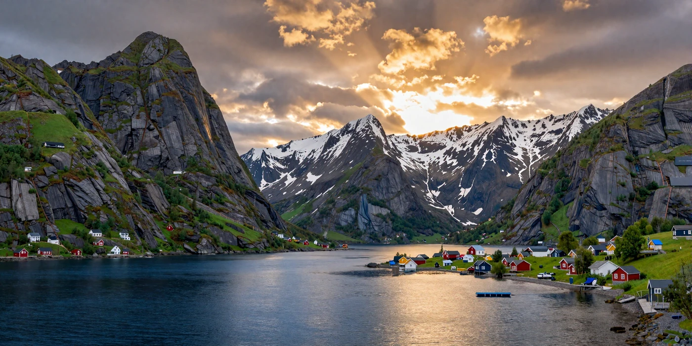 Scenic Norwegian fjord landscape with snow-capped mountains at golden hour