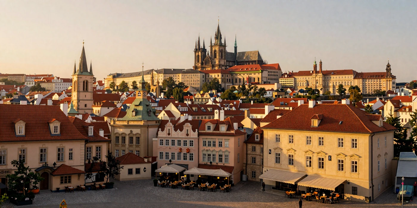 Romantic European cityscape at golden hour with historic architecture and cobblestone streets