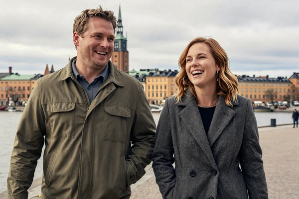 Robert from Oregon and Ingrid from Sweden laughing together on a Stockholm waterfront promenade